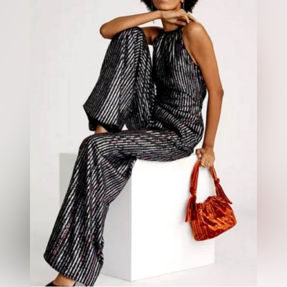 Anthropologie Maeve Black & Metallic Striped Wide Leg Jumpsuit
